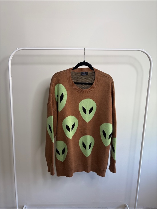 Dressed in LALA Sweaters - Dressed in LALA Brown Crewneck Sweater with Lime Alien Motifs